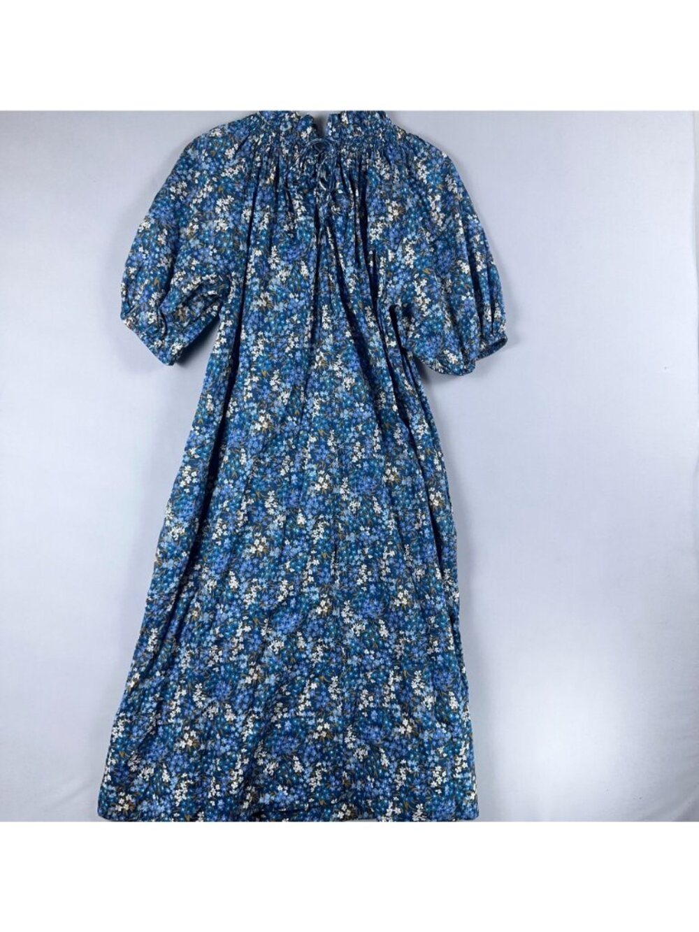 J. Crew Dress Size Large Blue Maxi Floral Print 100% Cotton Smocked Puff Sleeve - Picture 4 of 11